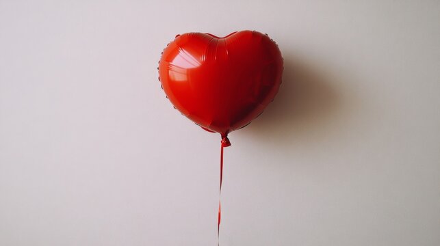 A single red heart shaped balloon floats against a white wall
