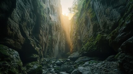 narrow rocky canyon with warm sunlight filtering through, dramatic nature shot