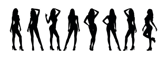Group of sexy and sensual girls posing standing in row black silhouette set.