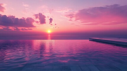 Naklejka premium Modern architecture overlooking the ocean, infinity pool reflecting sunset colors, isolated with luxurious and serene atmosphere, ultimate relaxation