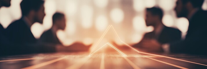 Fototapeta premium An artistic depiction of a group discussion captured in soft focus with a glowing triangle shape in the center, representing collaboration and brainstorming in a modern setting.