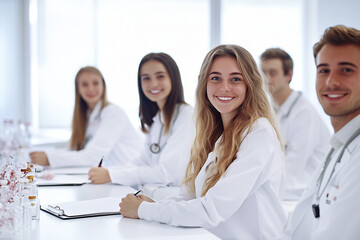 Students in white coats sit at a table in a university auditorium and listen to a lecture. A group of smiling students in a large, bright auditorium. Advanced training for doctors