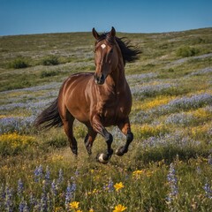 Obraz premium A majestic brown horse galloping through a field of wildflowers under a clear blue sky.