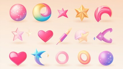 Colorful 3D shapes. Аbstract gradient lines, spark and star shape, geometric heart, moon, lightning bolt and arrow. Isolated spring spiral, ring, circle plate and sphere renders. Vector set