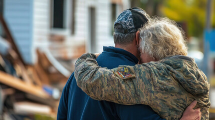 Military couple embracing near damaged house after natural disaster