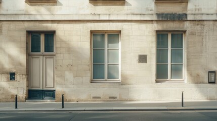 Serene Parisian street with a modern minimalist building, direct frontal view of a wall with windows and doors, bathed in warm sunlight on a tranquil afternoon, devoid of people.