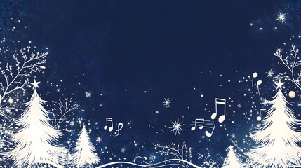 Naklejka premium Chic floral border design, navy blue background with white Christmas trees and musical notes, sparkling stars, musical theme,