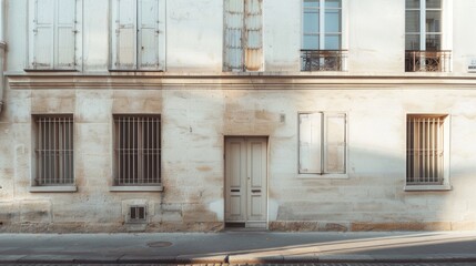 Tranquil Parisian street scene featuring a modern minimalist building, direct frontal view of a full wall with windows and doors, under warm, soft sunlight on a peaceful afternoon, no people present.