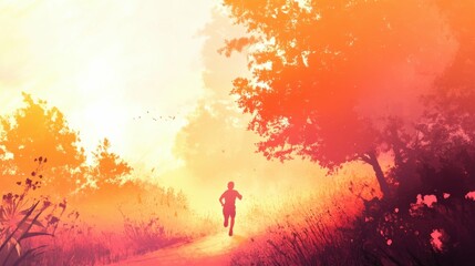 Obraz premium Silhouette of a person running along a sunlit path, soft orange and pink hues in the sky, dynamic and motivational, active and vibrant