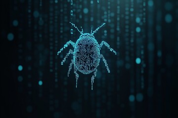 Digital bug composed of binary code on blue background