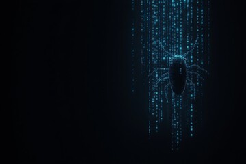 Digital bug in blue binary code on dark background
