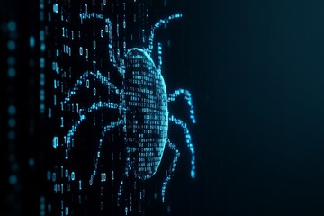 Digital bug in binary code matrix on futuristic screen concept