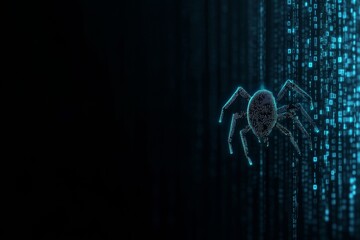 Digital spider crawling through binary code matrix in virtual cyberspace