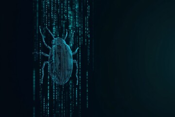 Digital bug concept against binary code background in dark blue theme