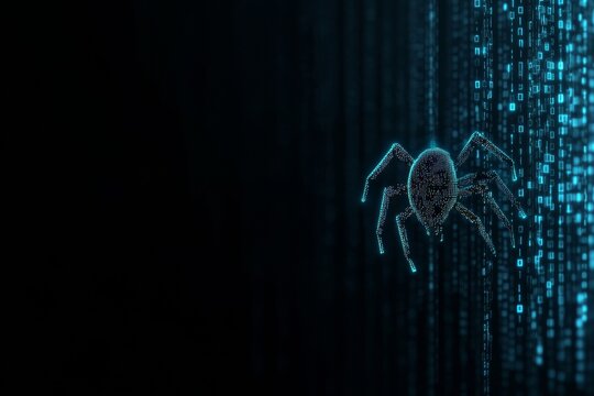 Digital spider crawling through binary code matrix in virtual cyberspace