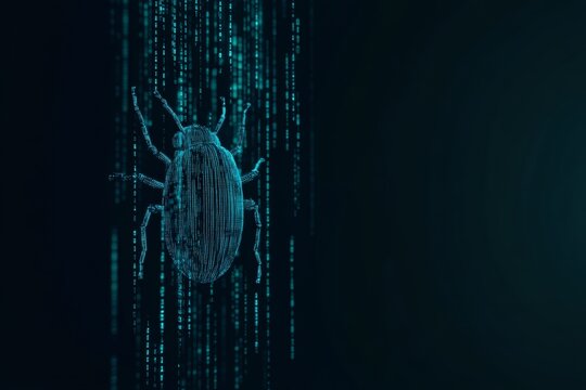 Digital bug concept against binary code background in dark blue theme