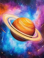 Realistic vibrant cosmic illustration of a planet with glowing rings in a starry nebula, suitable for posters, space decor, science advertising, and educational purposes with copy space..