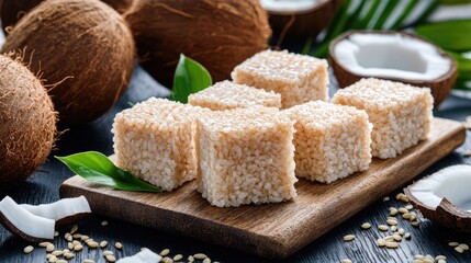 Coconut milk rice cakes arranged elegantly on a wooden board with fresh coconuts and rustic kitchen decor creating a warm ambiance