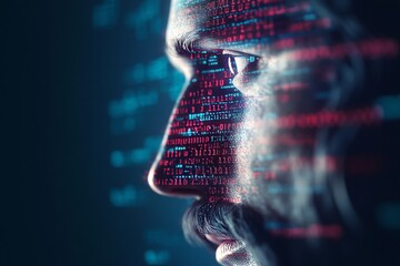 Futuristic male profile with digital code overlay