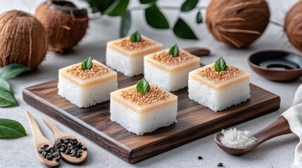 Coconut milk rice cakes arranged elegantly on a wooden board with fresh coconuts and rustic kitchen decor creating a warm ambiance