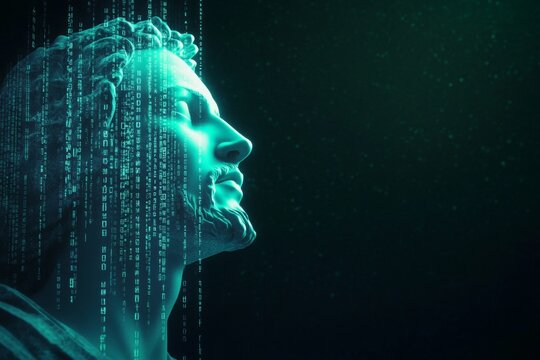 Digital matrix overlay on classical statue of bearded male face in profile - Powered by Adobe