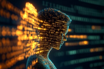 Digital portrait of male silhouette with binary code and neon light effects