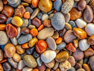 Smooth pebbles in orange, grey, cream, white, and brown create a minimalist, colorful stone texture background.