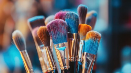Close-up of colorful paint brushes dipped in vibrant paint, capturing creativity, expression, and passion for the arts.