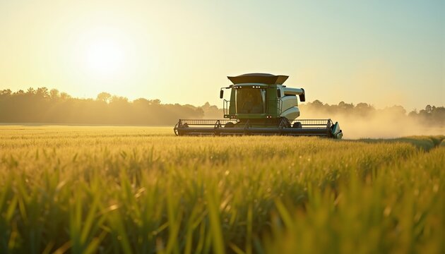 Harvesting golden grains at dawn in a tranquil countryside, where innovation meets nature in a picturesque landscape of agriculture