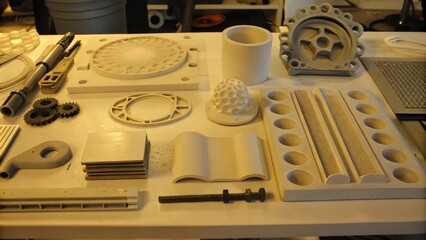 A modern workbench with prototypes made from lasersintered materials including various mechanical parts artful sculptures and functional tools highlighting the versatility of the