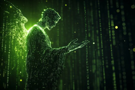 Digital angel in neon green matrix code environment