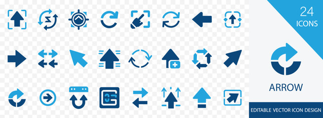 Arrow solid icon set. containing Direction, right, circle, transfer, increase, rotate, repeat, swap and more vector design