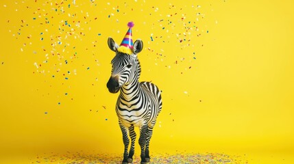 A quirky zebra wearing party hat and surrounded by confetti, concept of thinking outside the box, isolated on a bold yellow background, playful and imaginative.