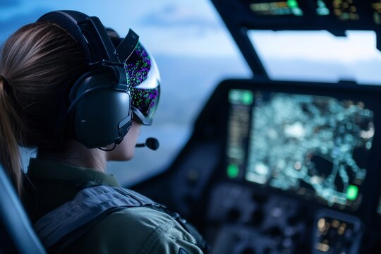 Female pilot operating helicopter with advanced hud at dusk