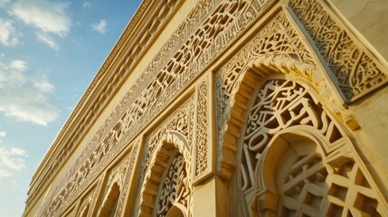 Intricate Islamic Architecture:  A Low Angle View of Ornate Stone Carvings and Arches under a Sunny Sky