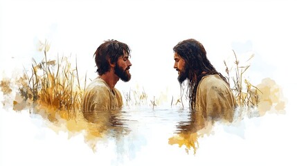 john the baptist baptizes jesus in the jordan river digital painting on white background