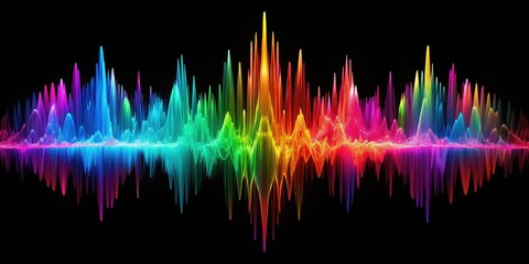 Vibrant music visualization: aerial view of colorful audio frequencies, abstract sound waves against a black backdrop.