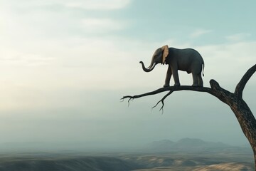 Elephant balancing on tree branch in serene landscape at dusk