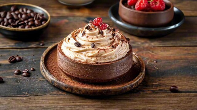 Decadent chocolate dessert topped with mocha mousse, cocoa powder, chocolate chips, and fresh raspberries on a rustic wooden surface