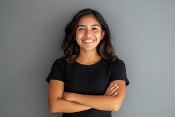 Obraz premium Smiling hispanic young female with arms crossed in casual black shirt against gray background