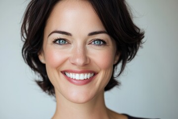 Naklejka premium Smiling young caucasian female with short dark hair