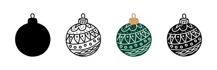 Christmas ornament icon set, including outline, silhouettes and green variations isolated on white background. Concept of Holiday decoration, winter decor, traditional Christmas balls, bauble