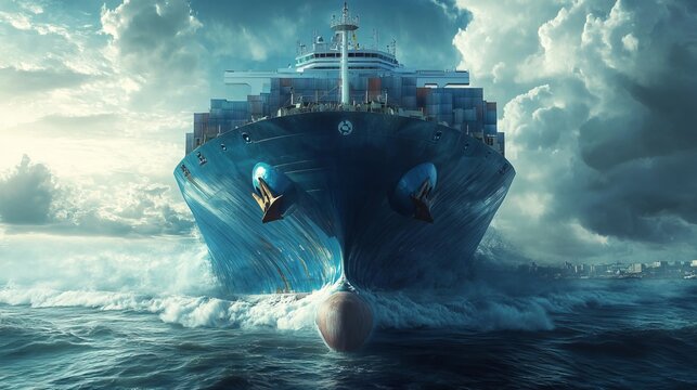 A colossal blue cargo ship dominates the seascape, its massive form captured in a frontal view. Engrossed in vital cargo exchange operations, the vessel plies the horizon