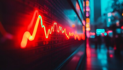 Glowing Red Financial Chart A Dynamic Symbol of Upward Stock Market Trends on a City Nightscape.