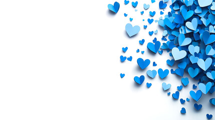 many small blue hearts on white background, paper art illustration. valentines day card 