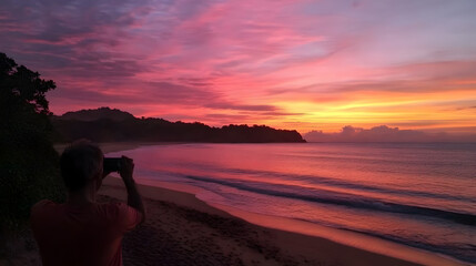Fototapeta premium A person taking a photo of a beautiful sunset over a calm ocean, with the sky painted in pink, purple, and orange hues. Capturing sunset over ocean.