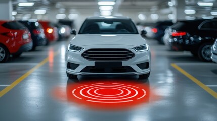 Fototapeta premium A sleek white car is parked in a dimly lit garage, featuring a red circular warning signal projected on the ground.