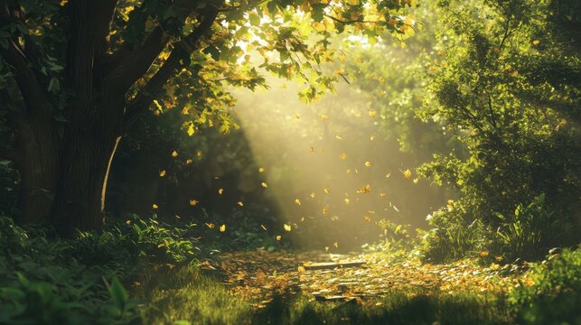 soft sunlight filtering through dense forest, golden leaves, serene and tranquil atmosphere, perfect for reconnecting with nature