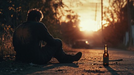 Silhouette of lonely man sitting by dirt road at sunset with beer bottle, creating atmospheric scene that captures themes of solitude and contemplation