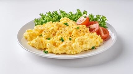Fluffy scrambled eggs served on a white plate placed on a white table